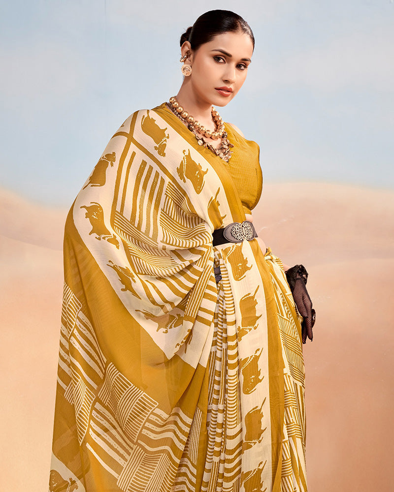 Mustard Color Satin Chiffon Printed Saree