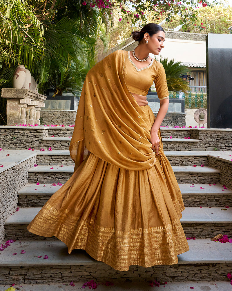 Mustard Color Pure Chanderi Plain Half Saree