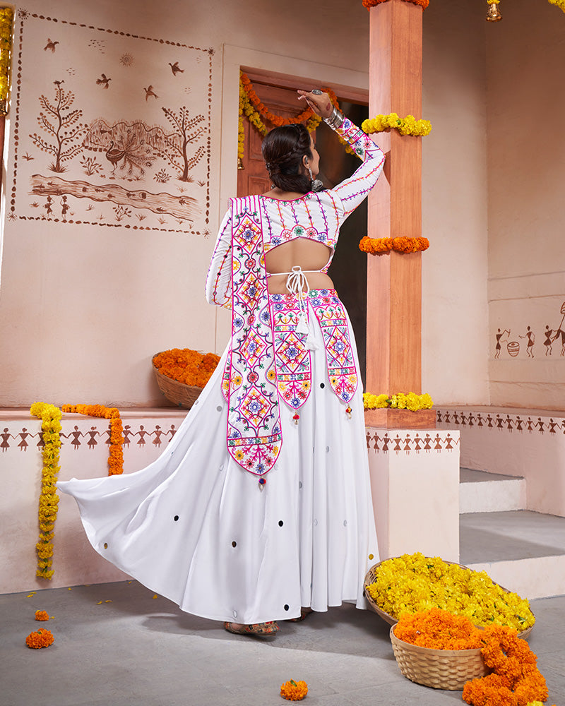 White Color Viscose Rayon Thread And Mirror Work Fully Stitched Navratri Lehenga Choli