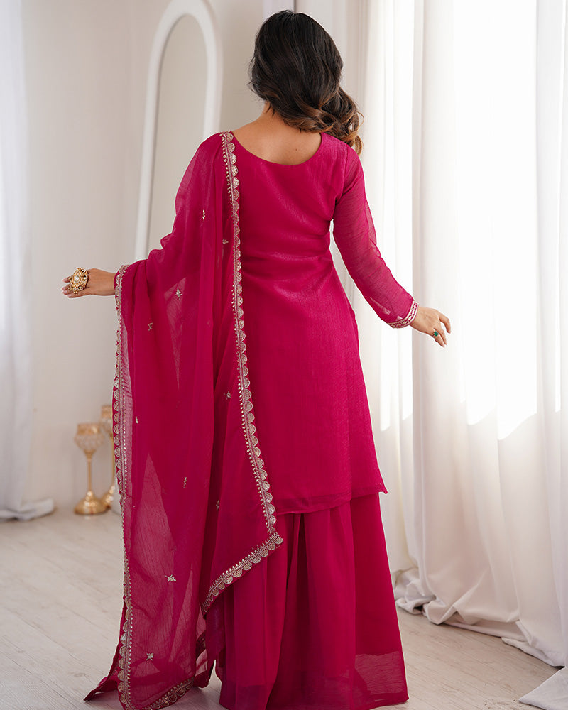 Rani Pink Color Soft Crunchy Silk Embroidered Plazzo Suit
