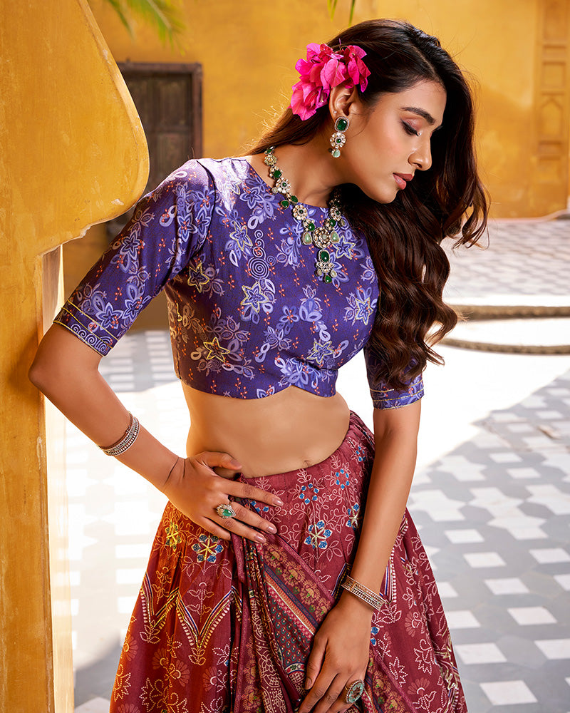 Maroon Color Vichitra Silk Printed And Embroidered Lehenga Choli