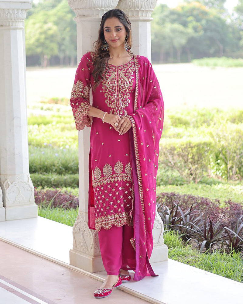 Rani Pink Color Georgette Embroidered Three Piece Kurti Suit