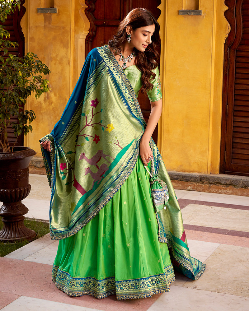 Parrot Green Color Soft Silk Paithani Lehenga Choli