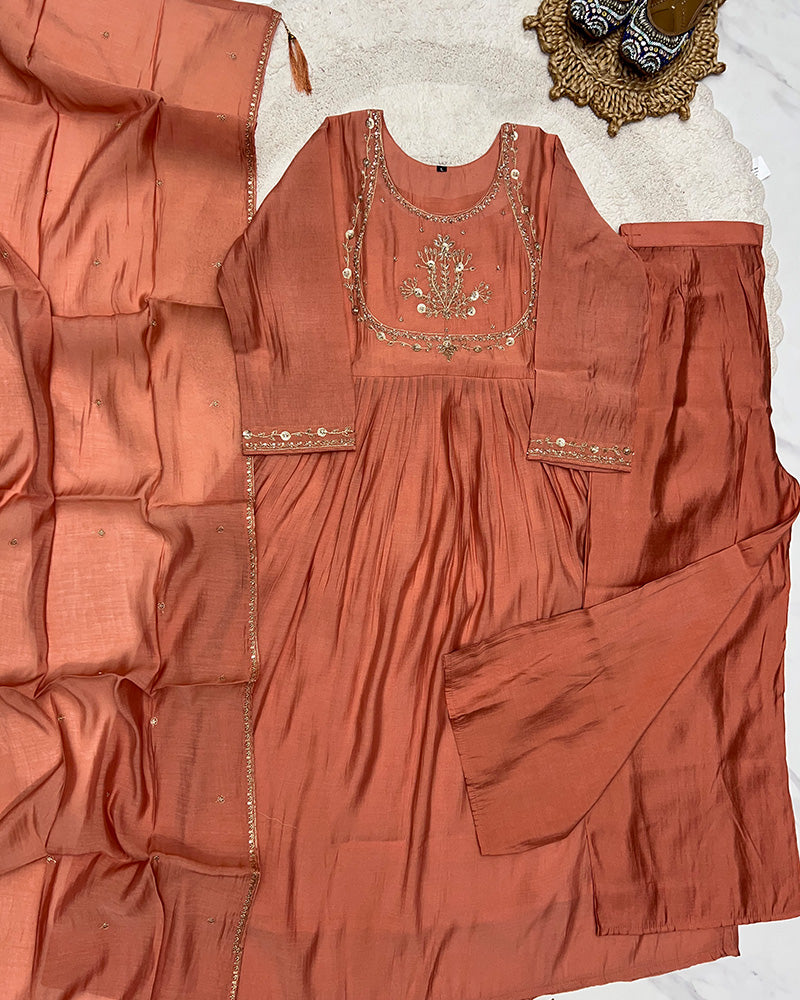 Peach Color Mal Cotton Three Piece Kurti Suit