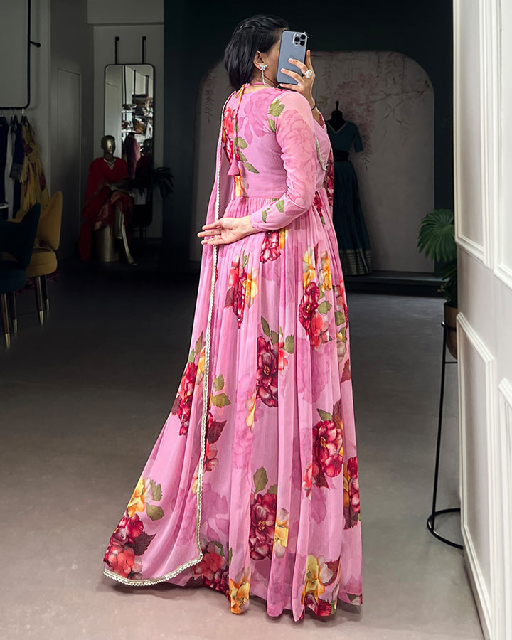 Light Pink Color All Over Floral Printed Chiffon Gown