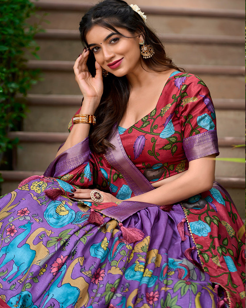 Lavender Color Dola Silk Designer Kalamkari Print Half Saree