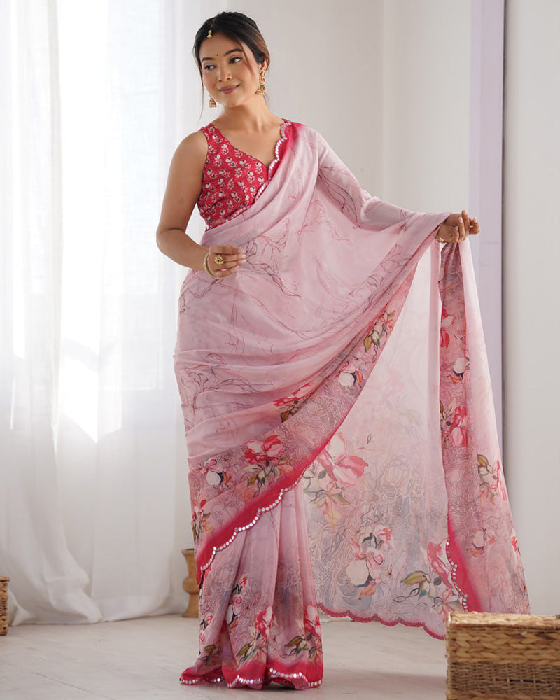 Pink Color Chinnon Silk Saree