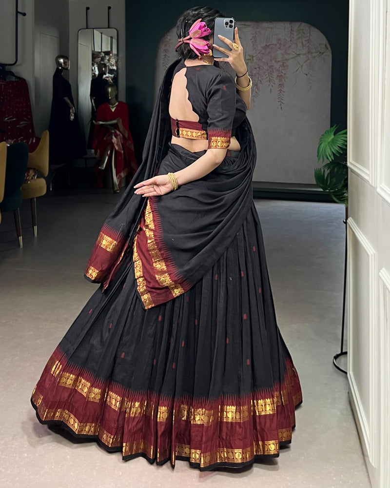 Elegant Black Pure Chanderi Half Saree With Zari Weaving
