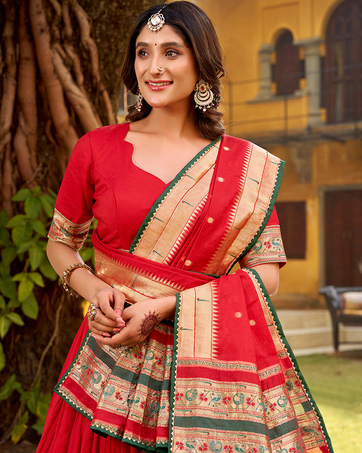 Red Color Pure Nylon Chanderi Plain Half Saree