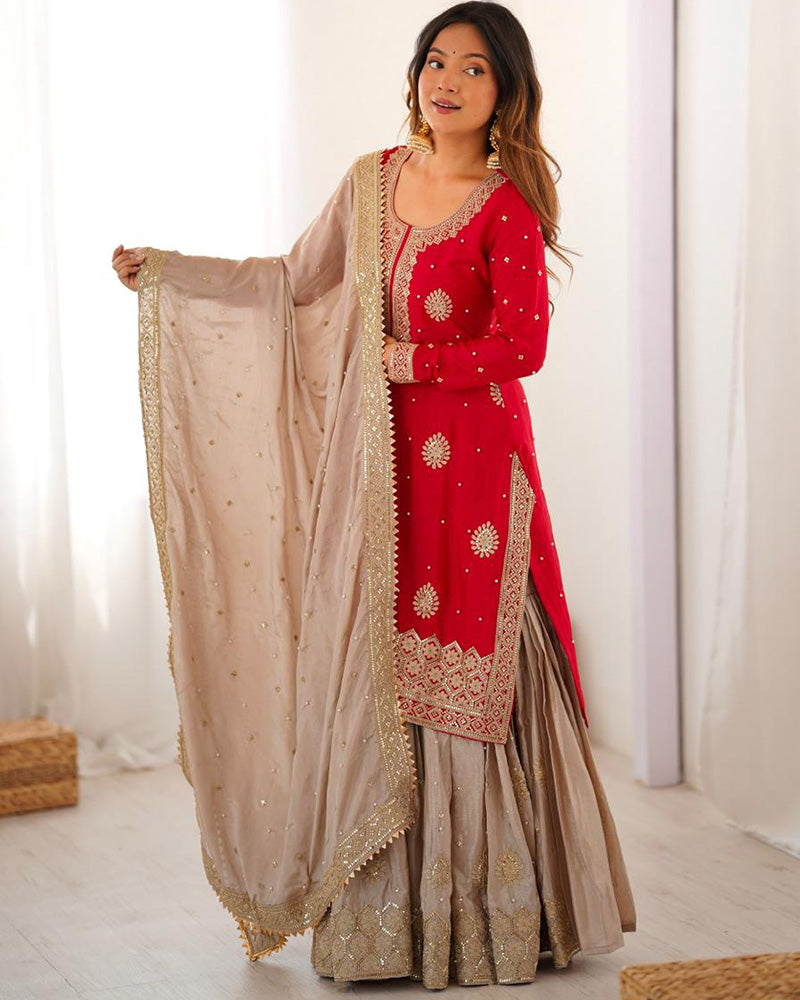 Red Color Chinon Silk Embroidered Sharara Suit