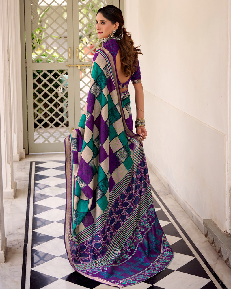 Purple Color Polyester Chanderi Printed Saree