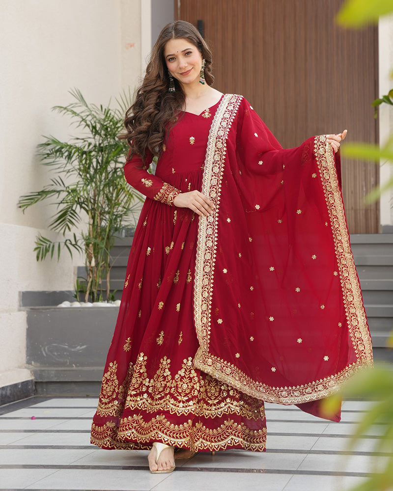 Maroon Color Designer Blooming Embroidered Gown