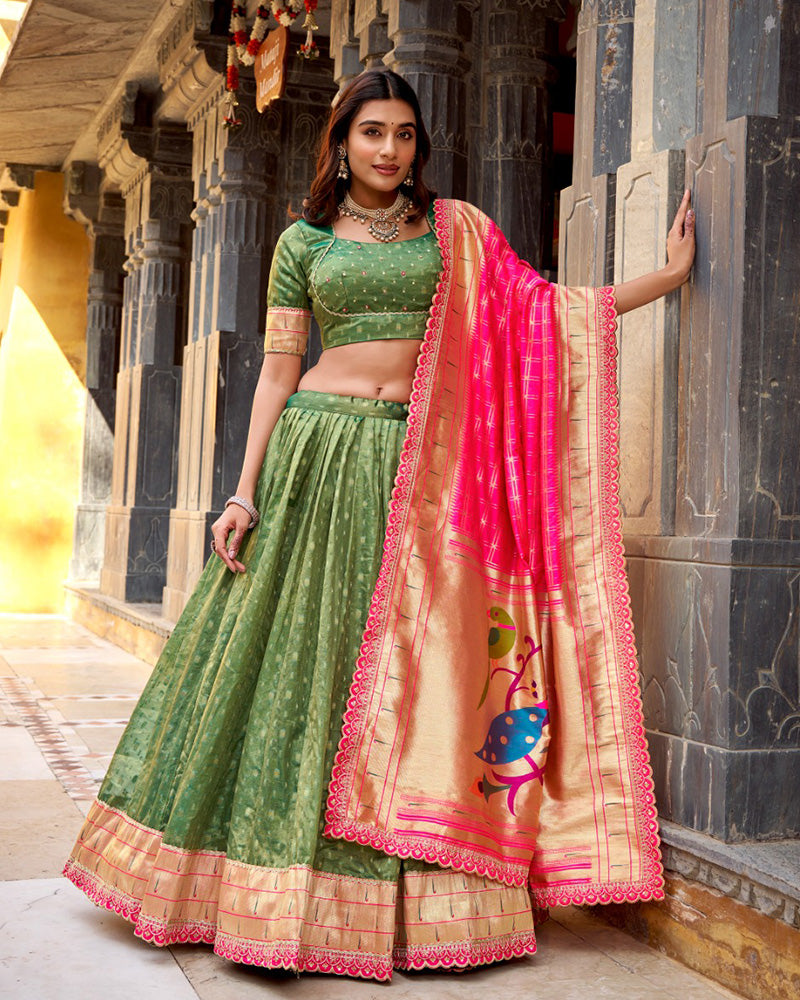 Green Color Shimmer Organza Silk Lehenga Choli