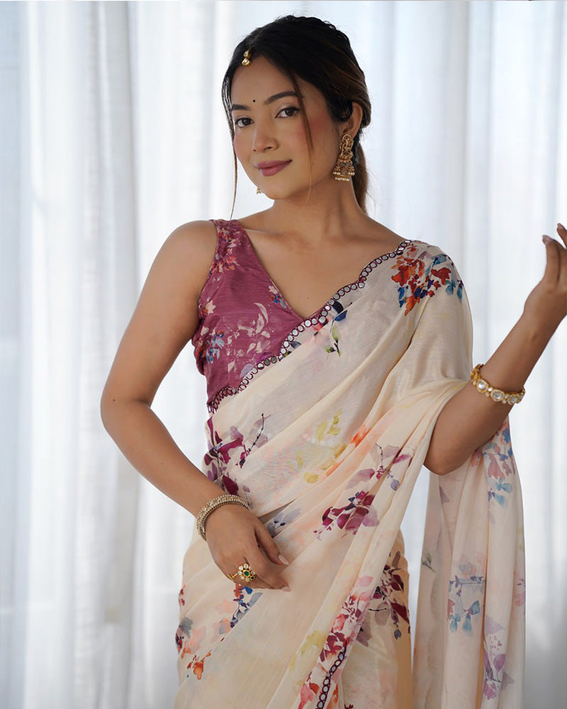 Cream Color Chinnon Silk Saree
