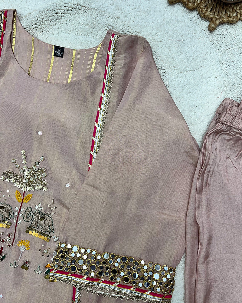 Pink Color Shimmer Silk Three Piece Kurti Suit