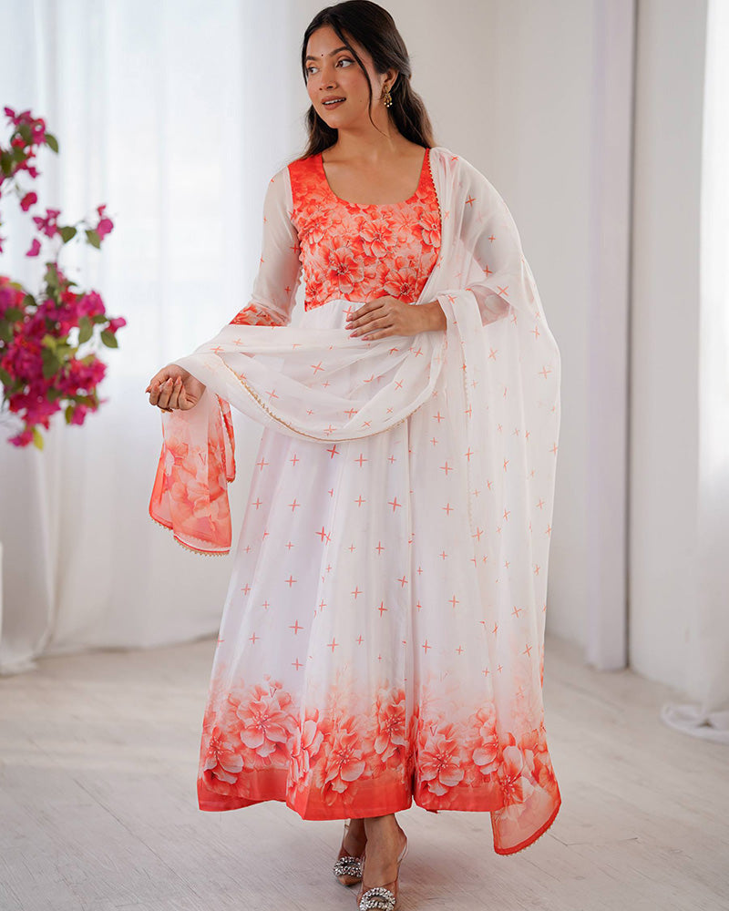 Orange Color Flower Print Tabby Organza Anarkali Suit