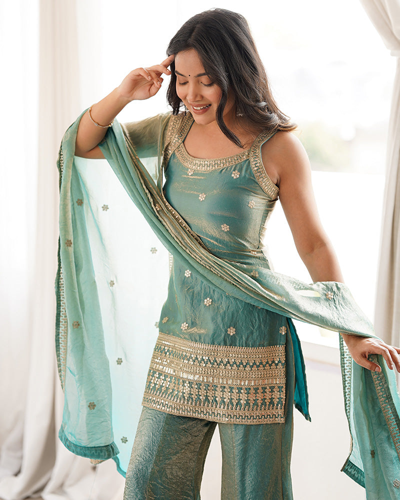Sea Green Color Fendi Silk Embroidered Plazzo Suit