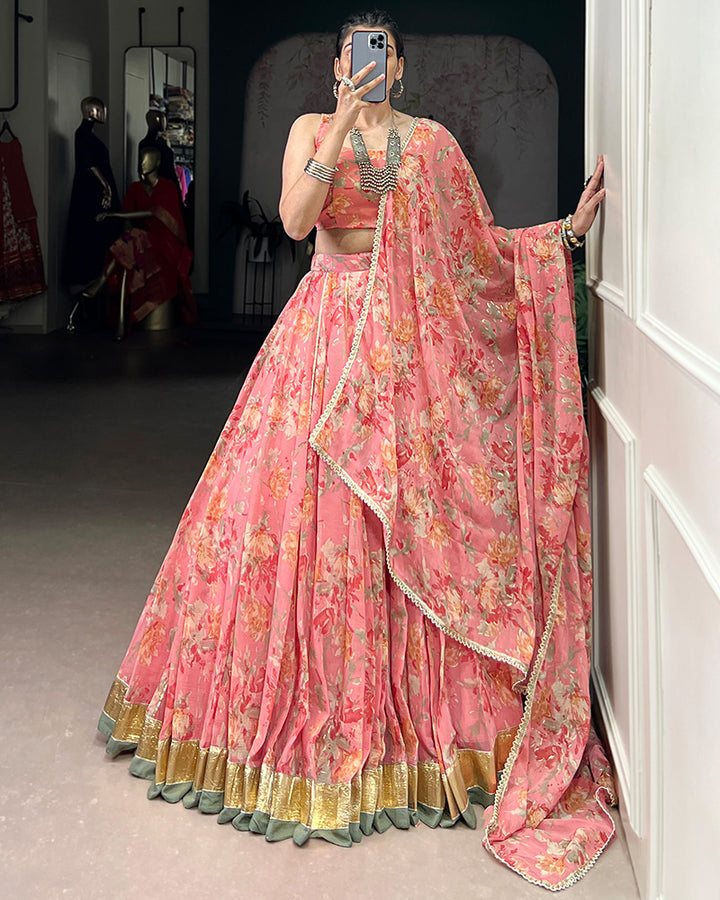 Peach Color Chiffon Printed Lehenga Choli