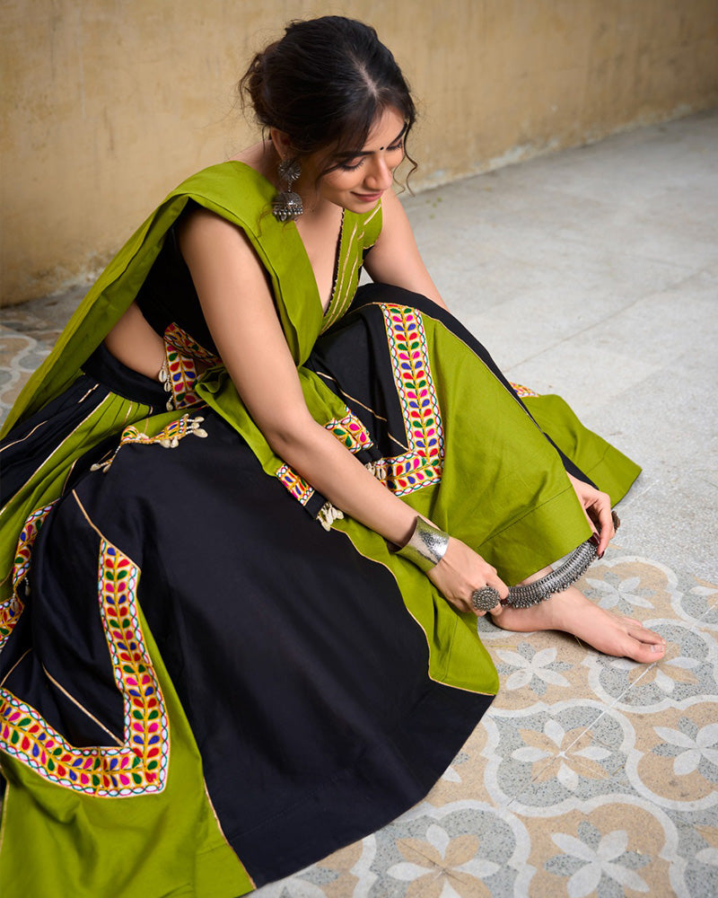 Parrot Green And Black Color Pure Cotton Navratri Lehenga Choli