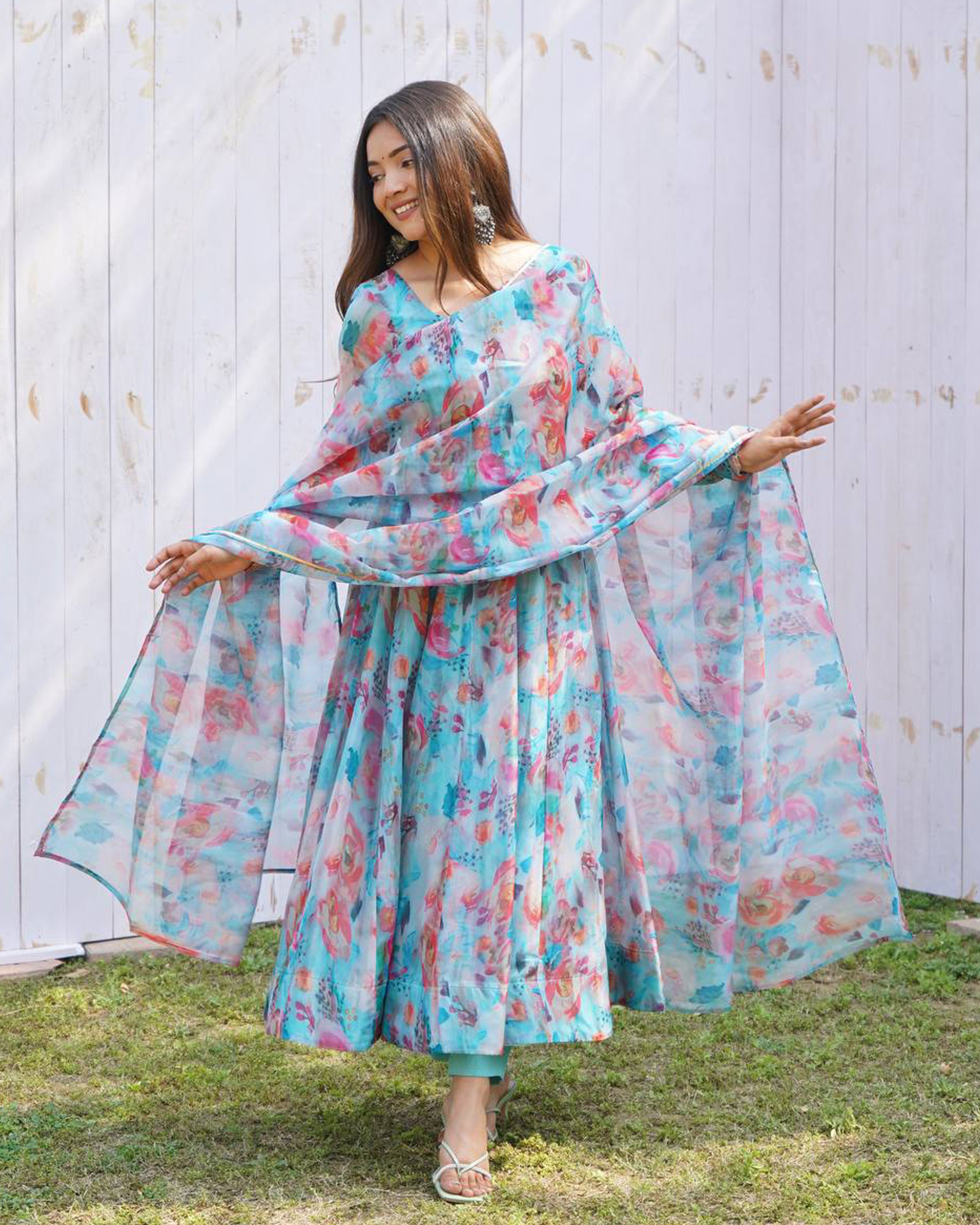 Shop Blue Vasansi Silk Printed Anarkali Gown Online | Vasansi Jaipur