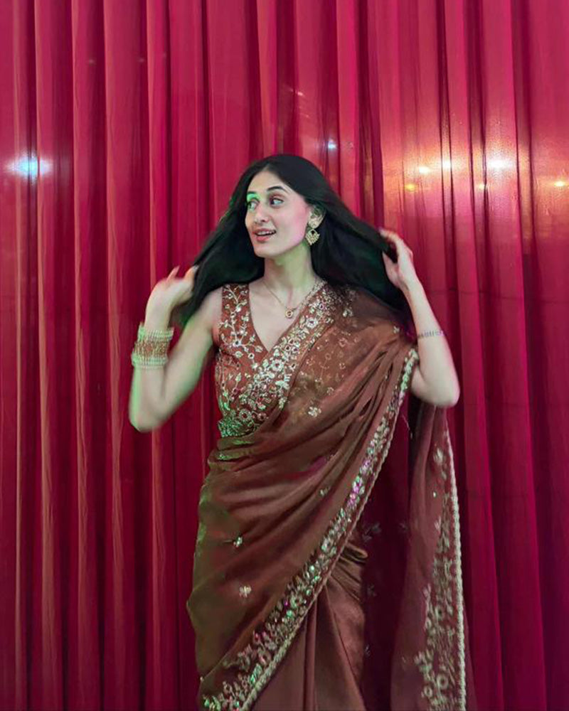 Vandana Kholiya In Brown Color Fendi Chiffon Sequence Embroidered Saree