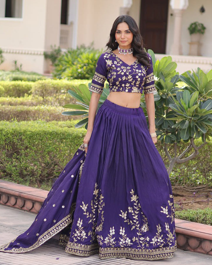 Royal Purple Color Vichitra Silk Embroidered Lehenga Choli