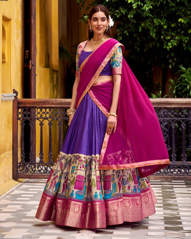 Purple Color Poly Chanderi Printed Half Saree