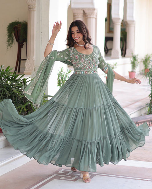 Pastel Green Color Faux Blooming Embroidered Gown