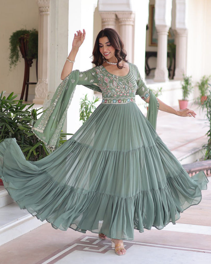 Pastel Green Color Faux Blooming Embroidered Gown