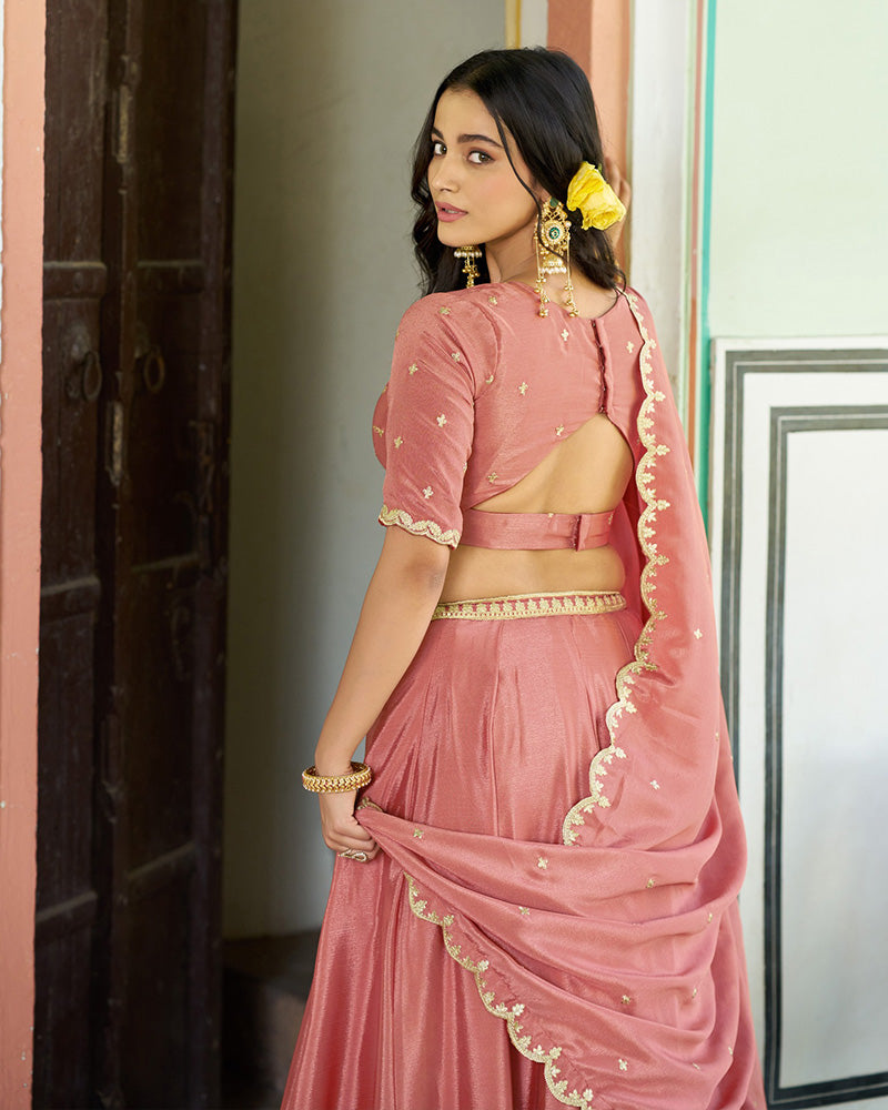Designer Peach Color Chinon Embroidered Lehenga Choli