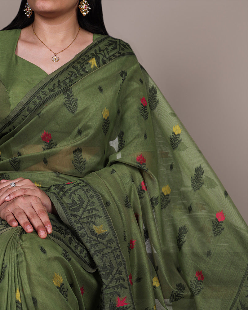 Mehndi Color Thread Weaving Poly Cotton Saree