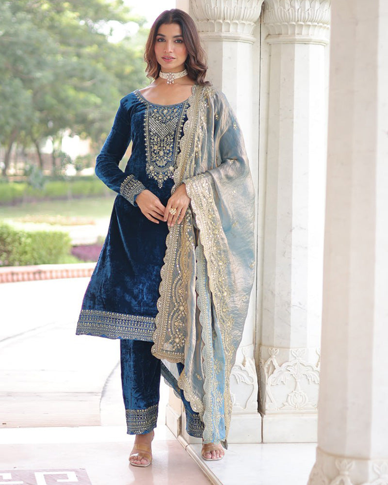 Morpich Color Velvet Three Piece Kurti Suit
