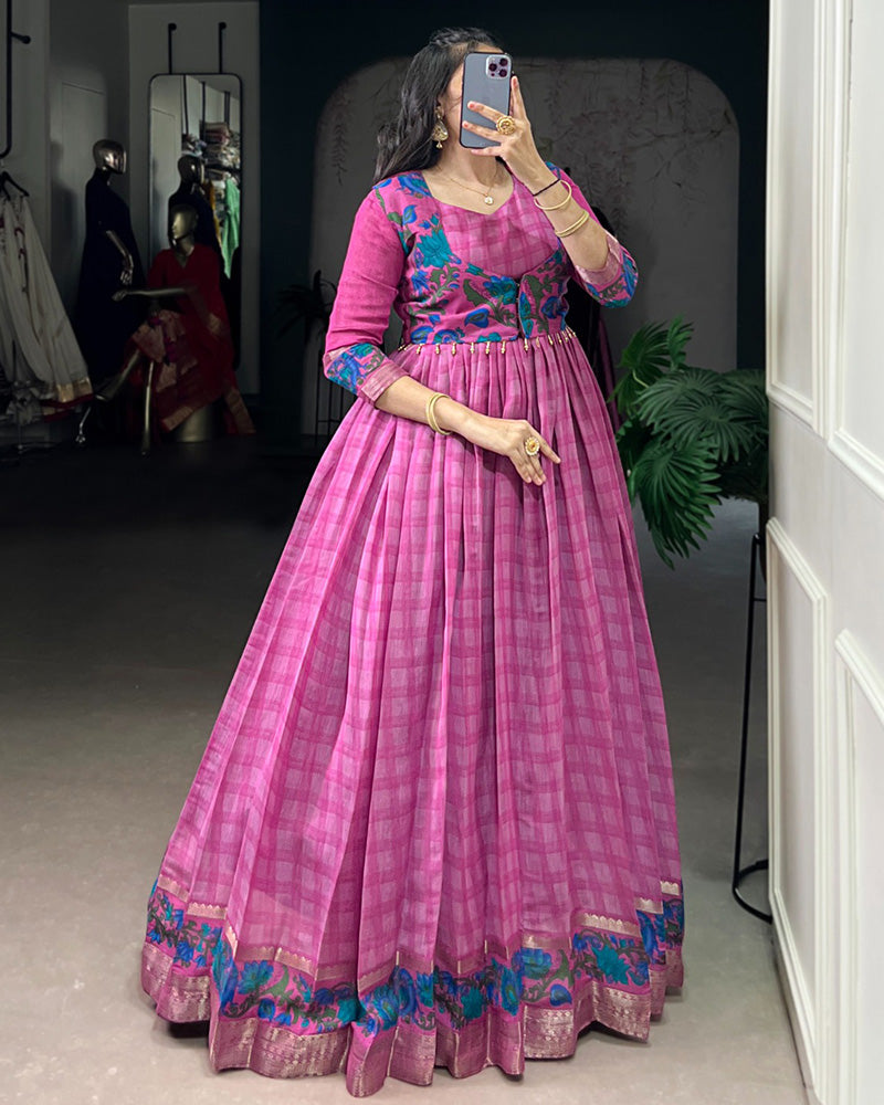 Pink Color Viscose Chanderi Printed Gown