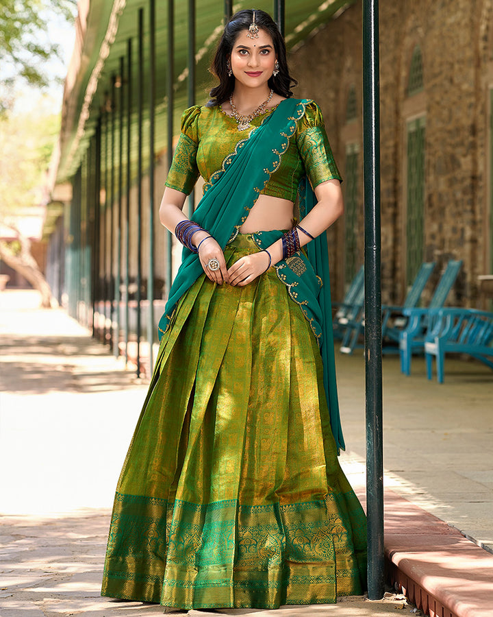 Parrot Green Color Kanjivaram Lehenga Choli