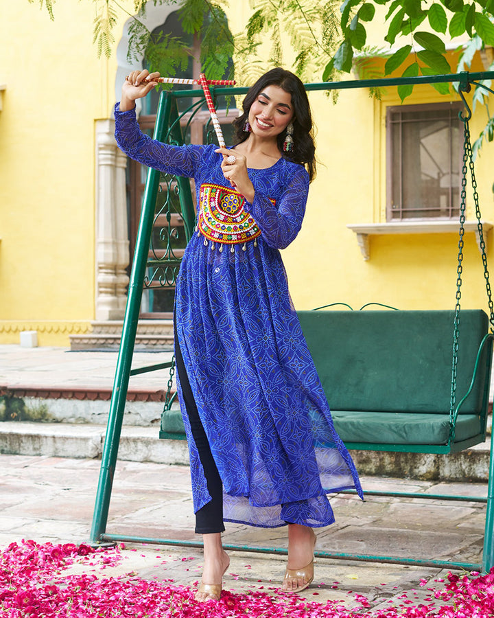 Festive blue Georgette Printed Kurti With Gamthi Patchwork