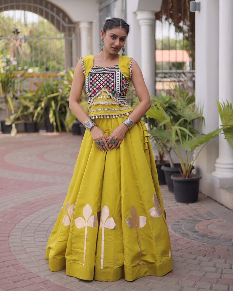 Six Color Roman Silk With Gota Patti Work Navratri Lehenga Set