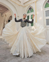 Black Color Laheriya Print Kurti With Kora Cotton Lehenga