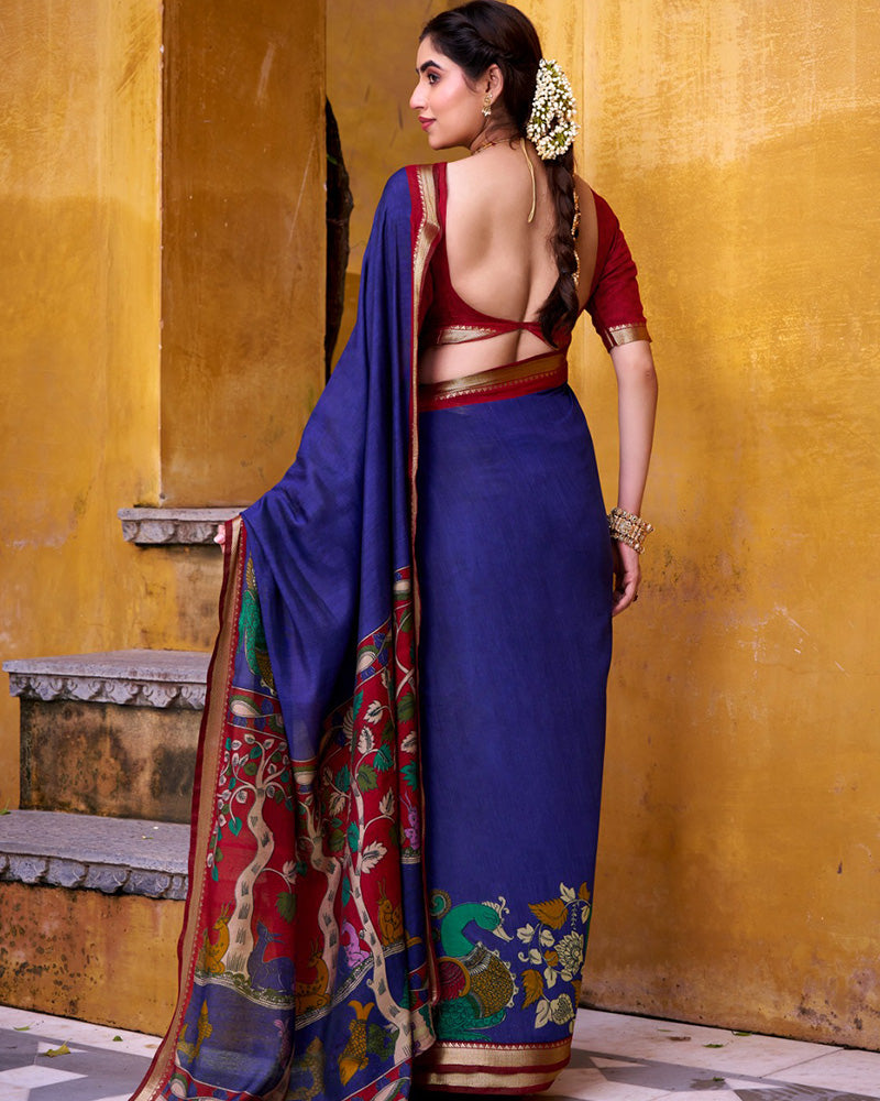 Blue Color Viscose Chanderi Printed Saree
