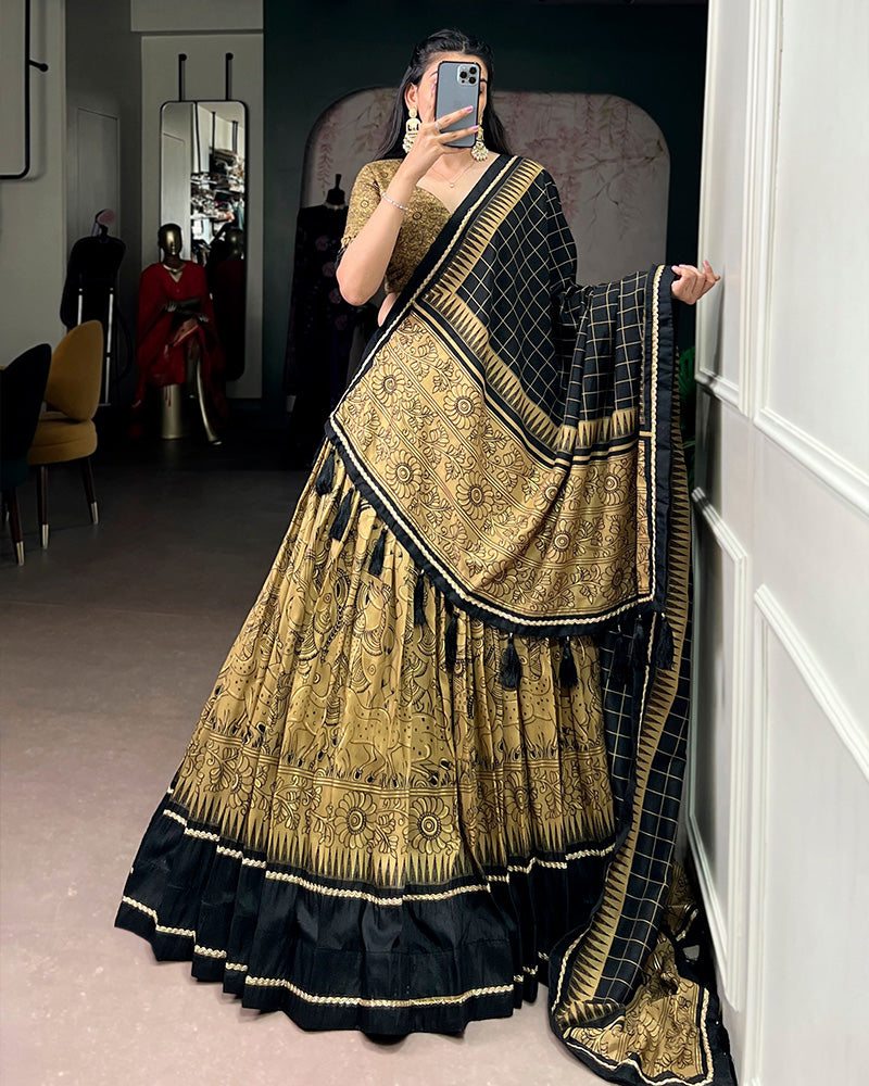 Gold Color Tasar Silk Kalamkari Printed Lehenga Choli