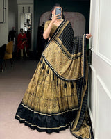 Gold Color Tasar Silk Kalamkari Printed Lehenga Choli