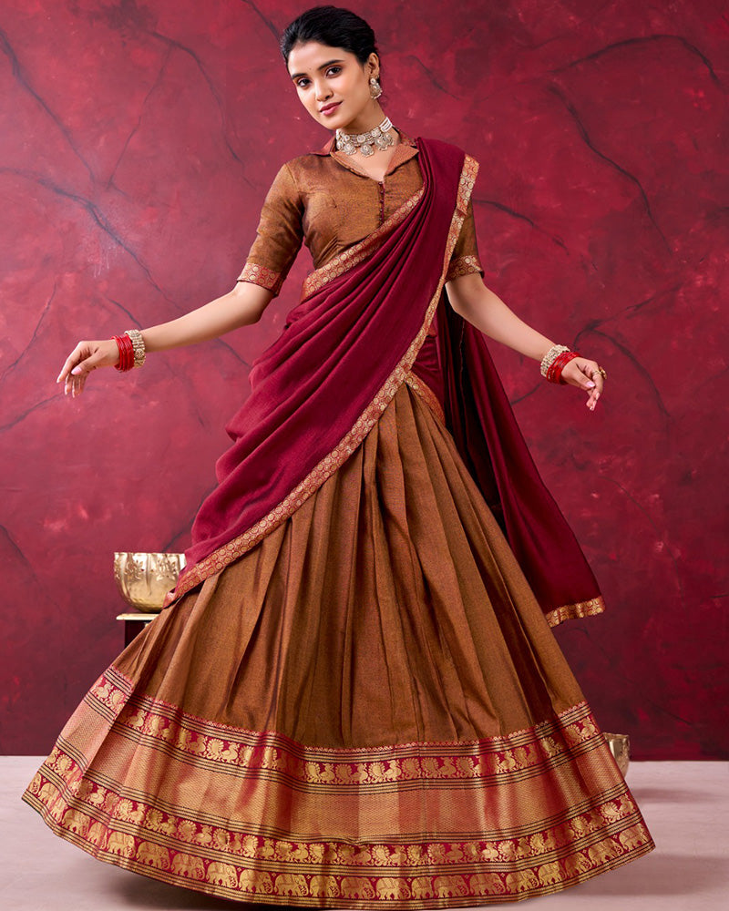 South Indian Style Mustard Color Narayan Pet Cotton Half Saree