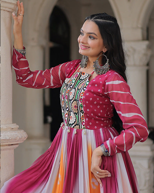 Pink Color Faux Georgette Bandhej Print Navratri Gown
