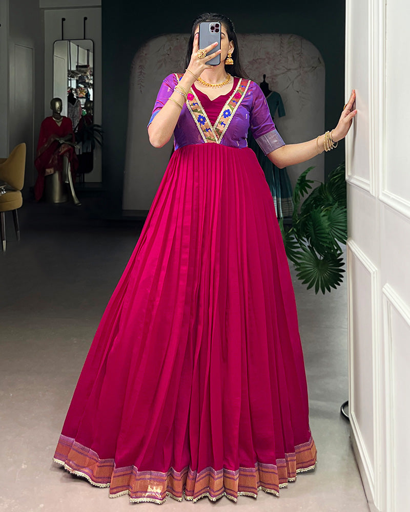 Pink Color Vichitra Silk Zari Weaving Gown