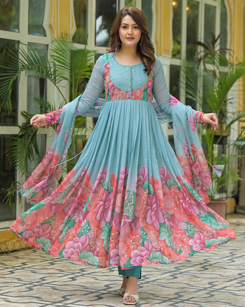 Sky Blue Color Faux Georgette Printred Anarkali Suit