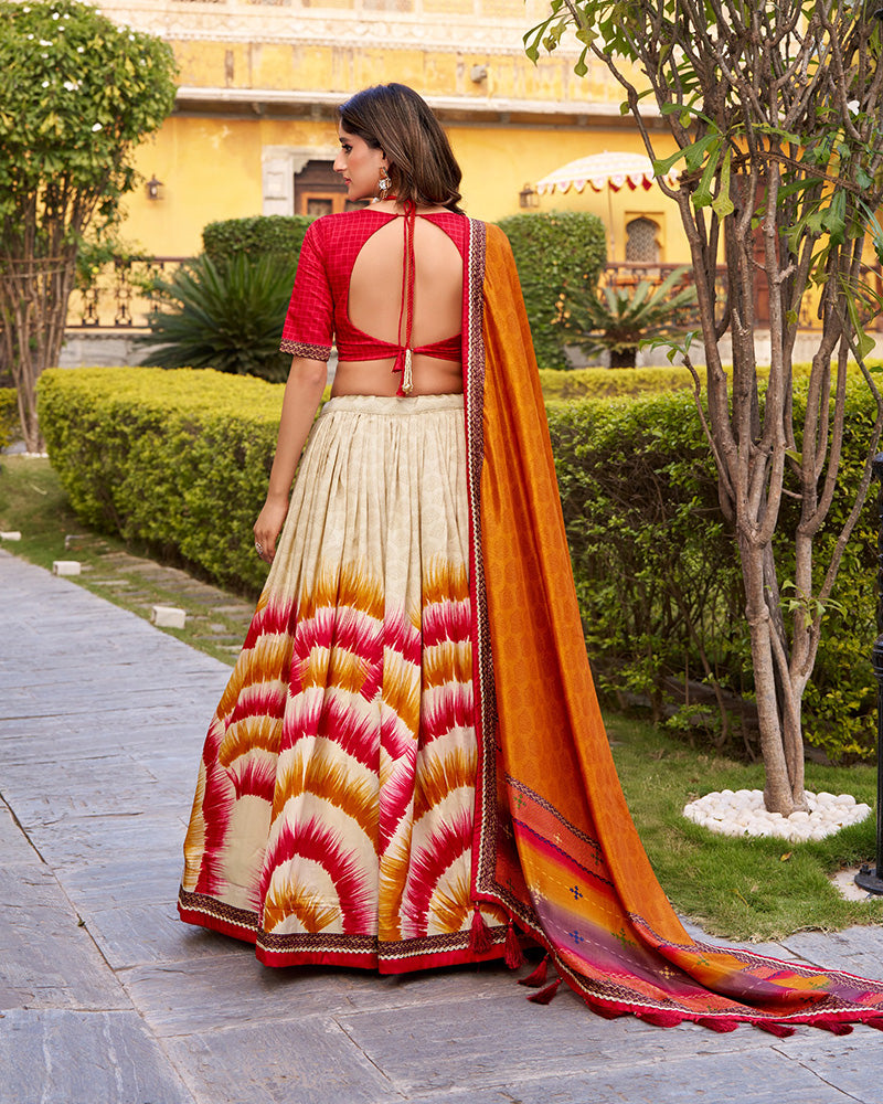 Red Color Tasar Silk Dye Printed Lehenga Choli