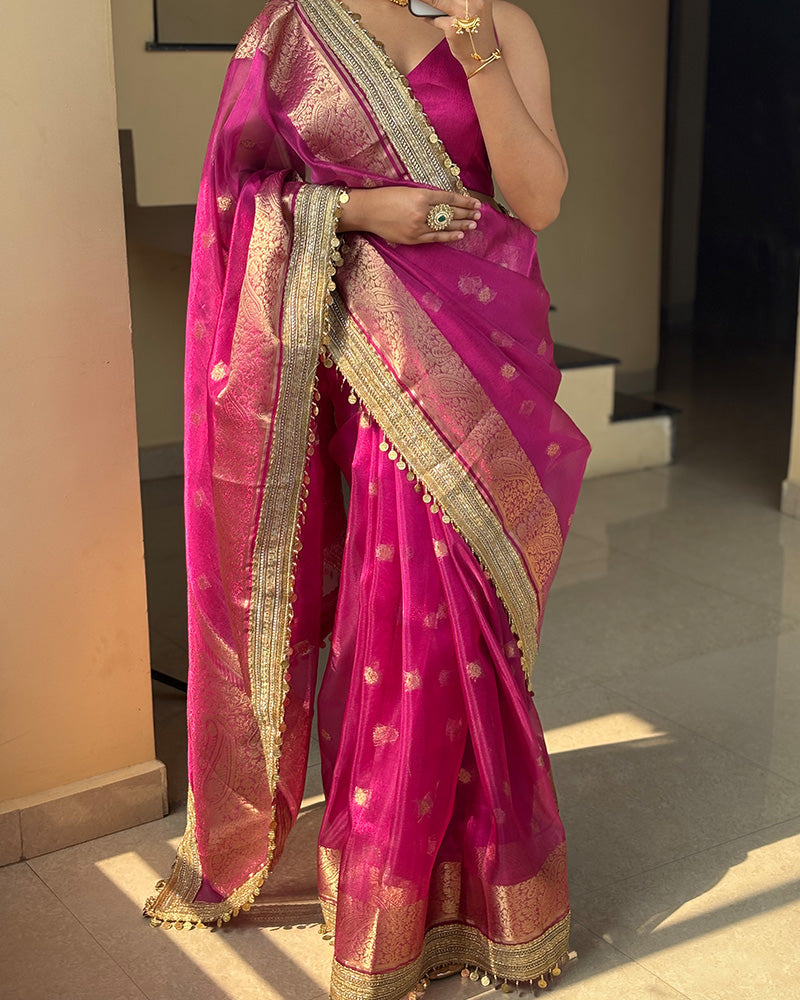 Rani Pink Color Banarasi Organza Tissue Silk Saree