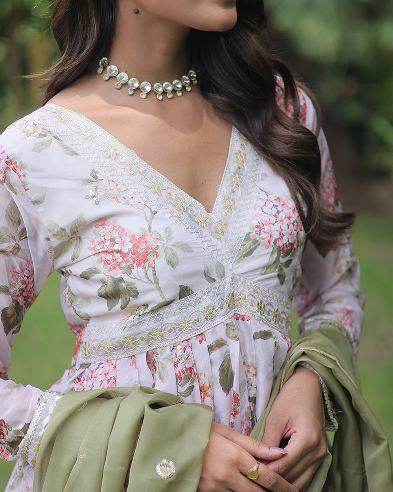 Wedding Wear Floral Embroidered Off White Color Alia Cut Gown With Dupatta