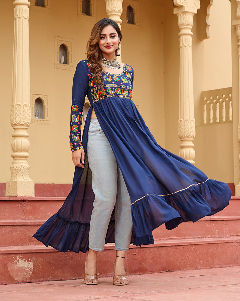 Traditional Blue Pure Rayon Embroidered Navratri Kurti