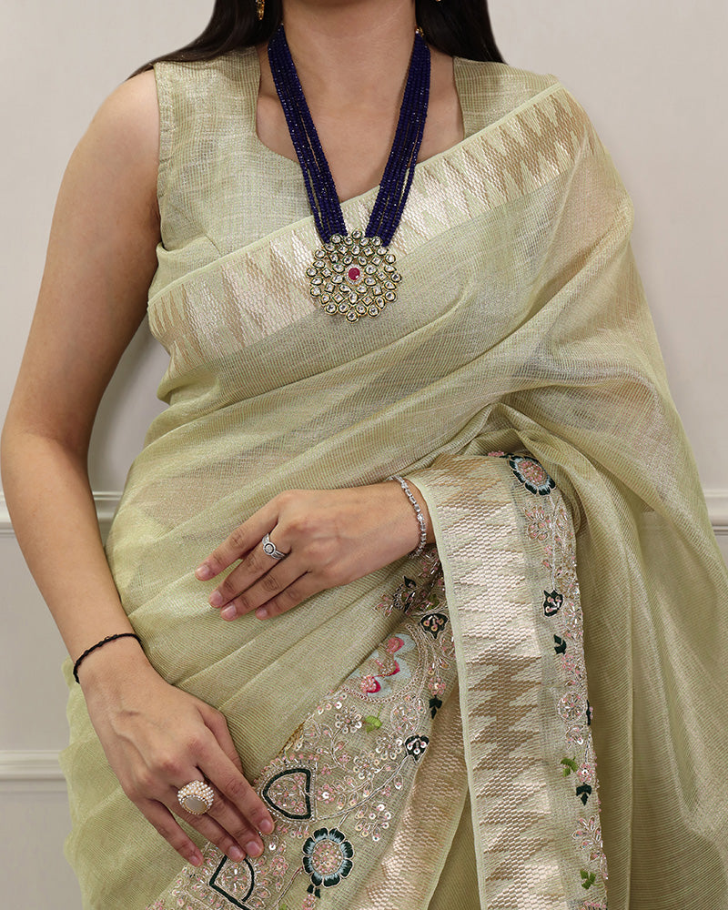 Pista Color Embroidered Kota Tissue Saree