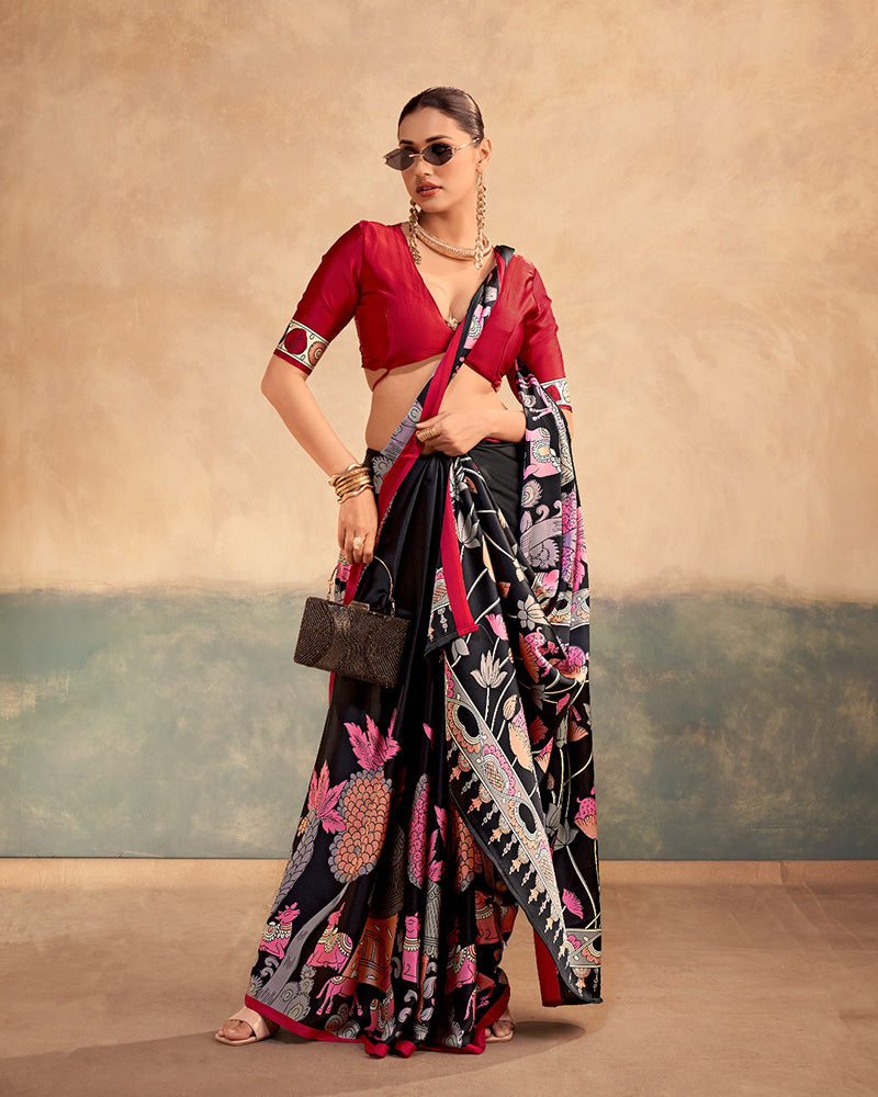 Red Color Satin Silk Kalamkari Printed Saree